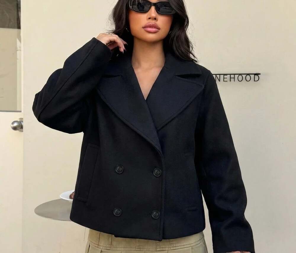 Maralyn & Me Black Short Double Breasted Hooded Peacoat Sz L Cozy Outdoors Chic